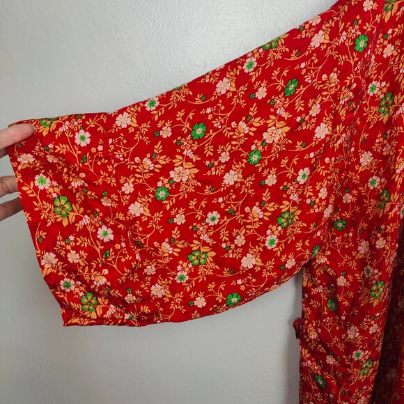 Vintage Athene Silk Robe Womens Small Red Micro Floral Boho Open Fit Festival‎ - Picture 3 of 8